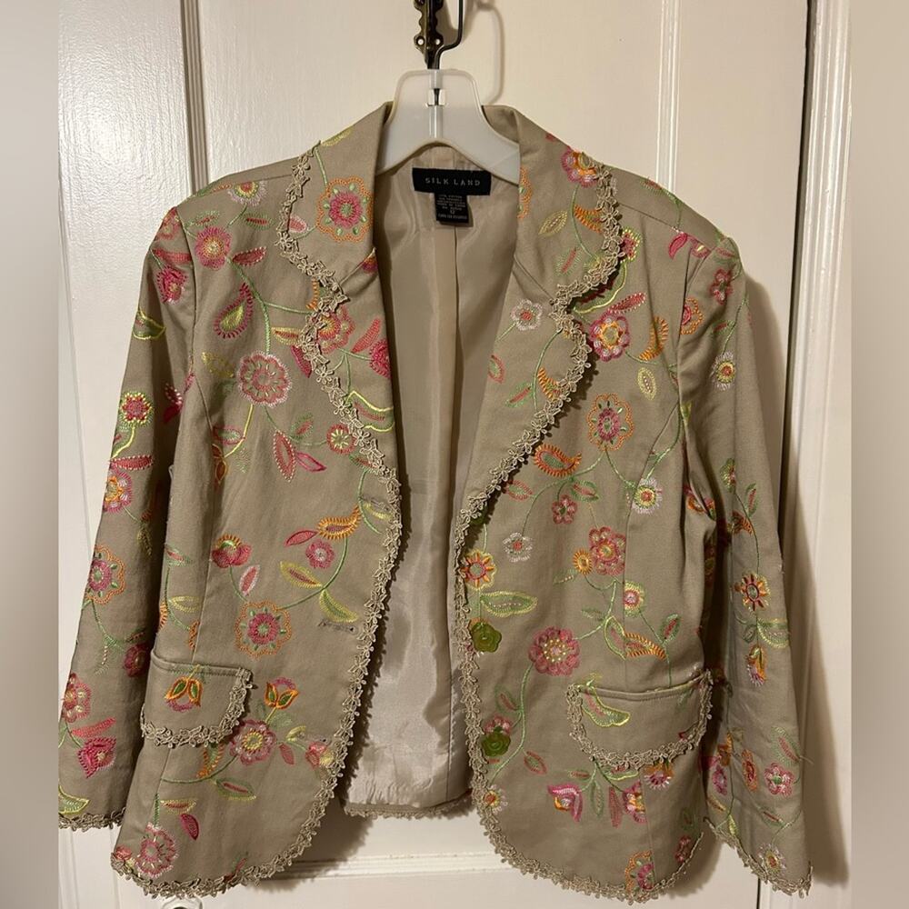 Vintage Cotton Lace Trim Floral Embroidered Blazer Jacket